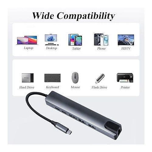 6 in 1 Type-C to HDTV Adapter – USB-C Hub with LAN Port & 4K HDMI Output