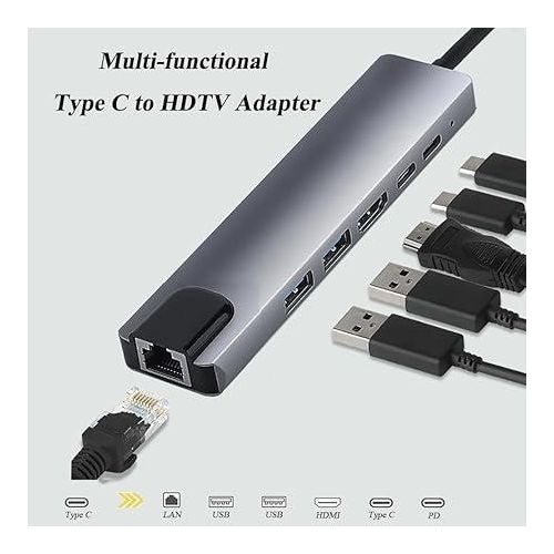 6 in 1 Type-C to HDTV Adapter – USB-C Hub with LAN Port & 4K HDMI Output